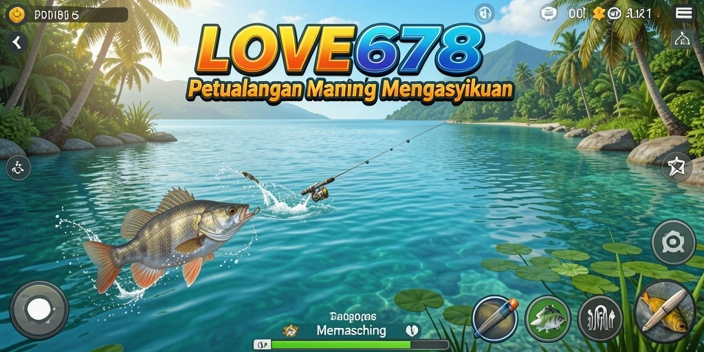 Screenshot LOVE678 menampilkan pemain yang sedang memancing di tepi danau.